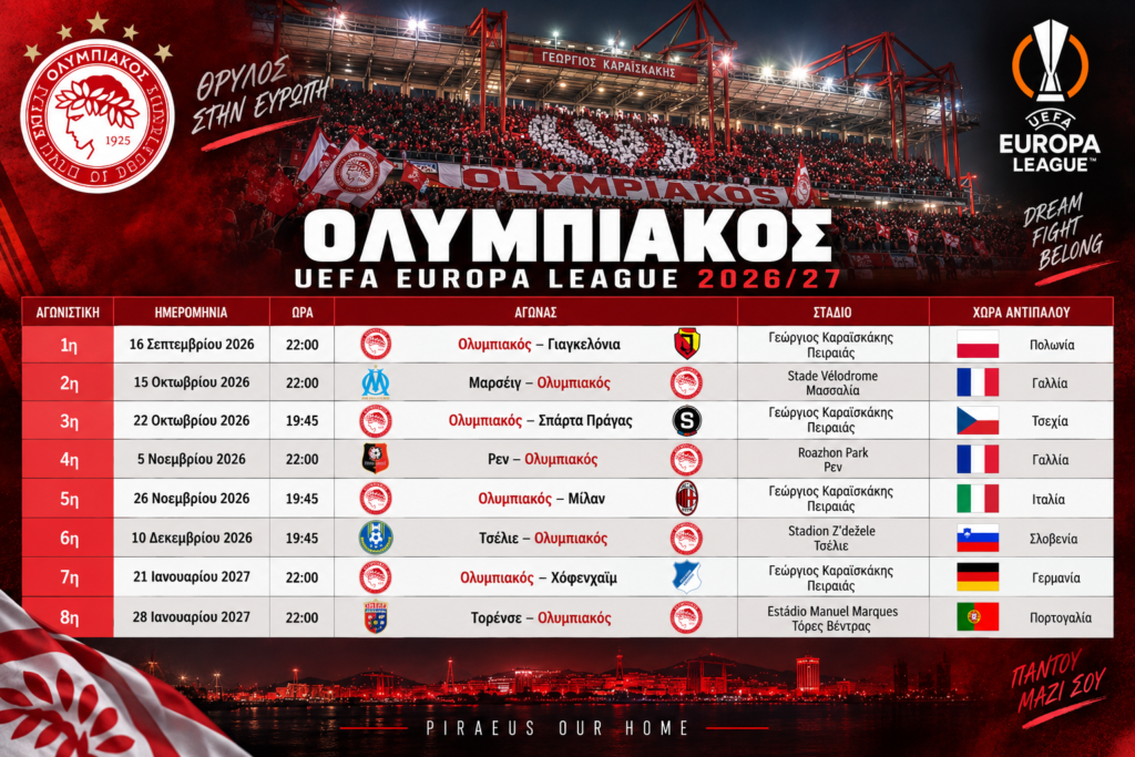 Ημερομηνίες και ώρες αγώνων Ολυμπιακού Europa League 2026/27